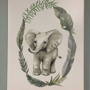 Elephant Wall Art with Green Leaves